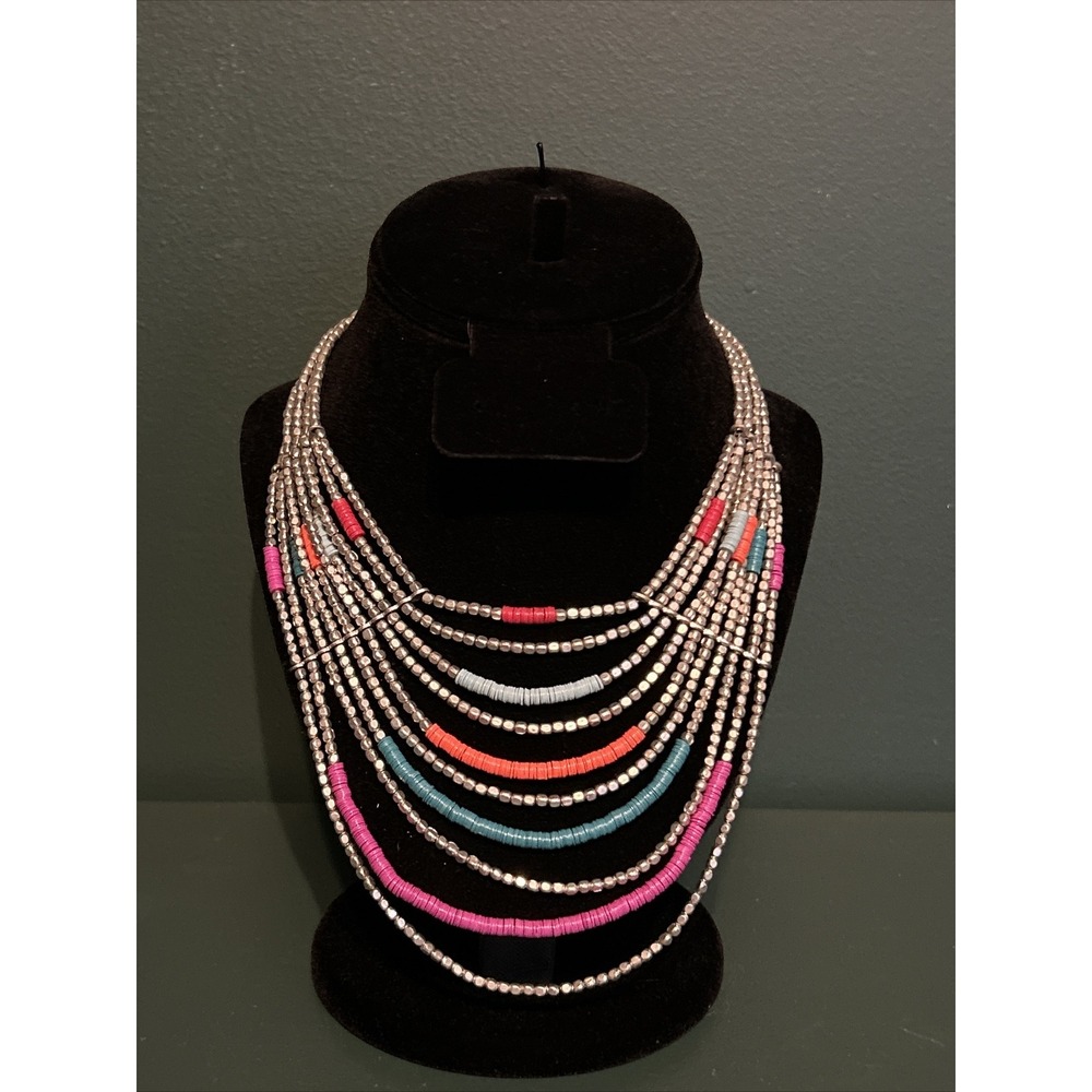 10 Strand‎ Statement Necklace Multi-color Beaded Silver-tone 15" and 3" Extender